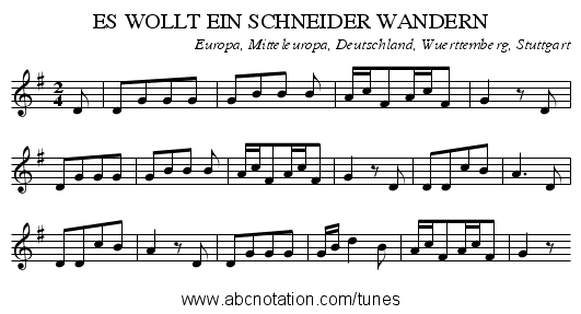ES WOLLT EIN SCHNEIDER WANDERN - staff notation