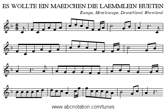 ES WOLLTE EIN MAEDCHEN DIE LAEMMLEIN HUETEN - staff notation