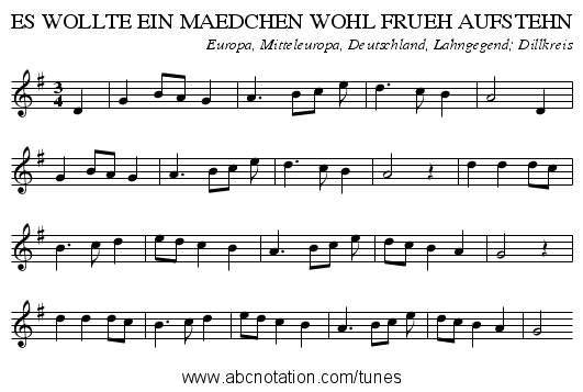 ES WOLLTE EIN MAEDCHEN WOHL FRUEH AUFSTEHN - staff notation