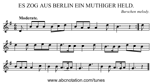 ES ZOG AUS BERLIN EIN MUTHIGER HELD. - staff notation
