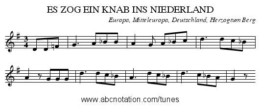 ES ZOG EIN KNAB INS NIEDERLAND - staff notation