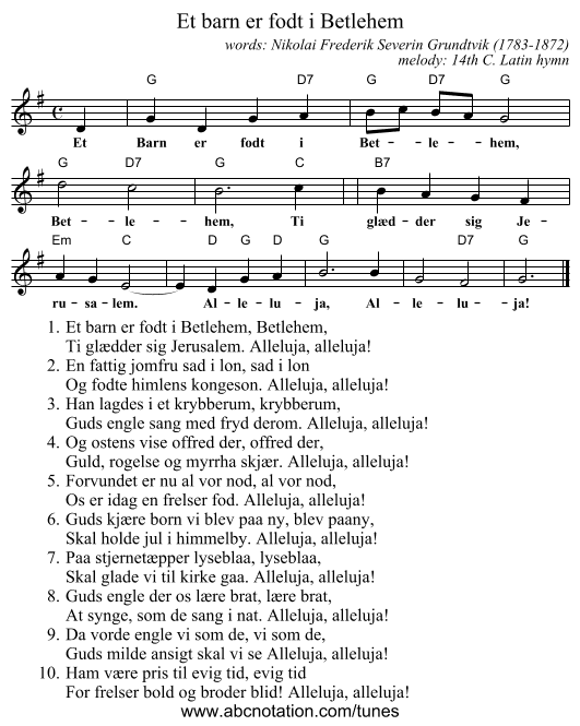 Et barn er f&oslash;dt i Betlehem - staff notation