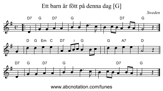 Ett barn är fött på denna dag [G] - staff notation