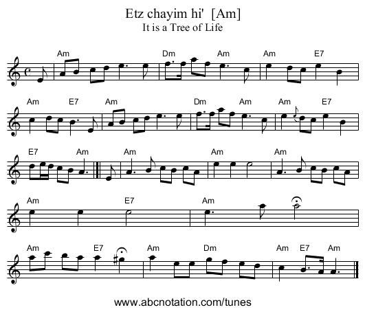 Etz chayim hi'  [Am] - staff notation
