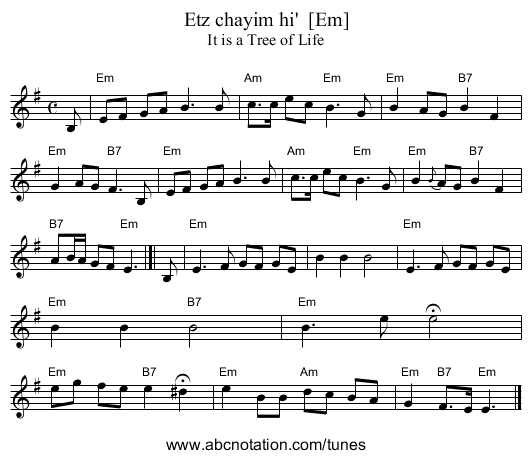 Etz chayim hi'  [Em] - staff notation