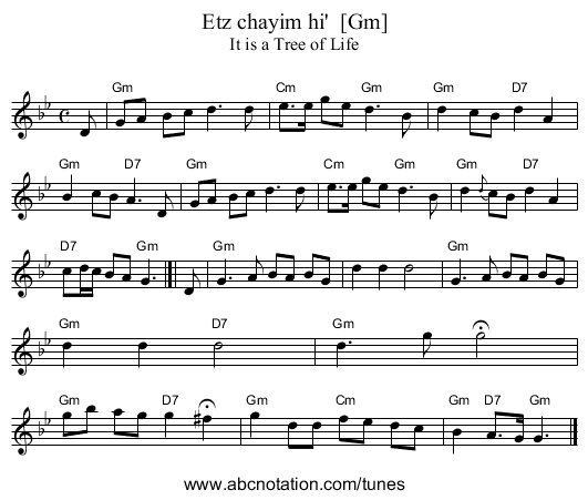 Etz chayim hi'  [Gm] - staff notation