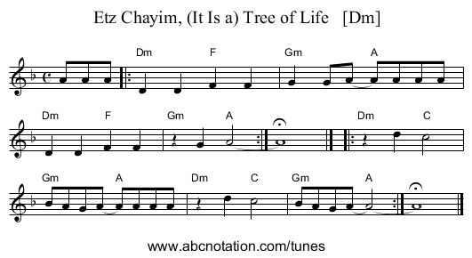 Etz Chayim, (It Is a) Tree of Life   [Dm] - staff notation