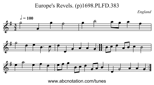 Europe's Revels. (p)1698.PLFD.383 - staff notation