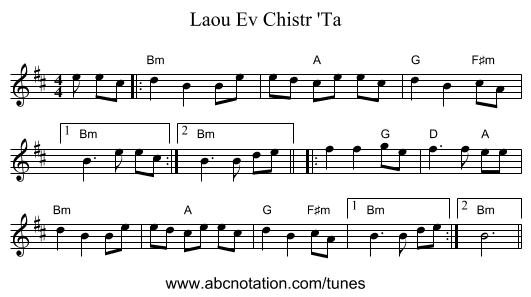 Ev Chistr 'Ta, Laou - staff notation
