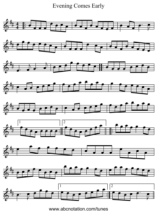 Evening Comes Early - staff notation