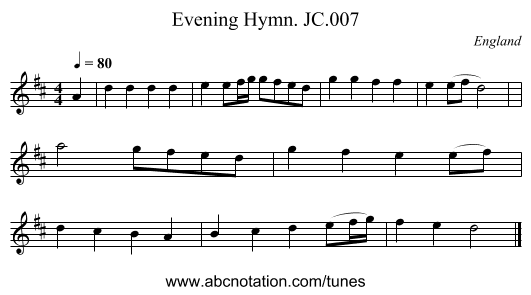 Evening Hymn. JC.007 - staff notation