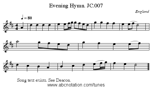 Evening Hymn. JC.007 - staff notation