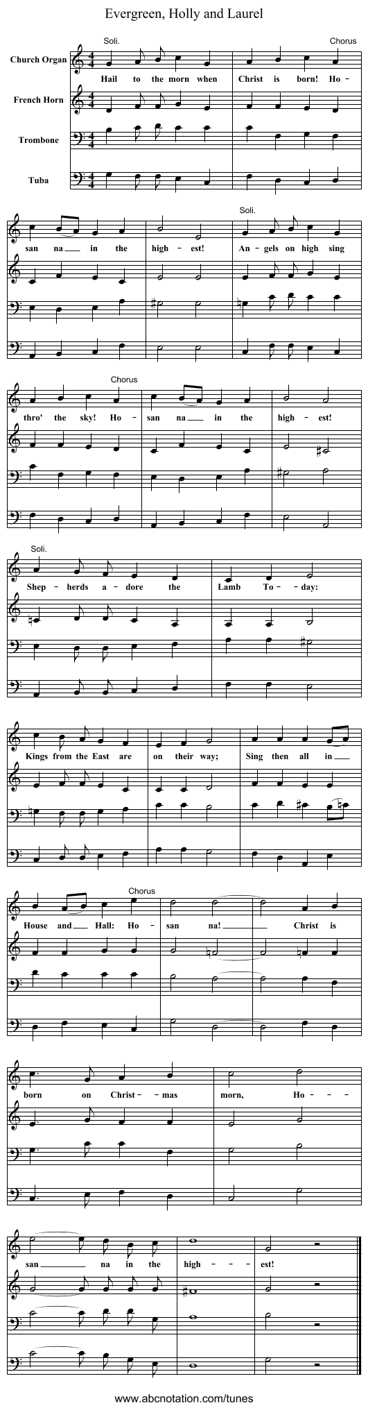 Evergreen, Holly and Laurel - staff notation