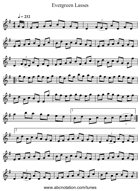 Evergreen Lasses - staff notation