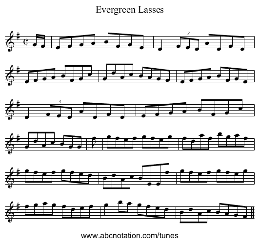 Evergreen Lasses - staff notation