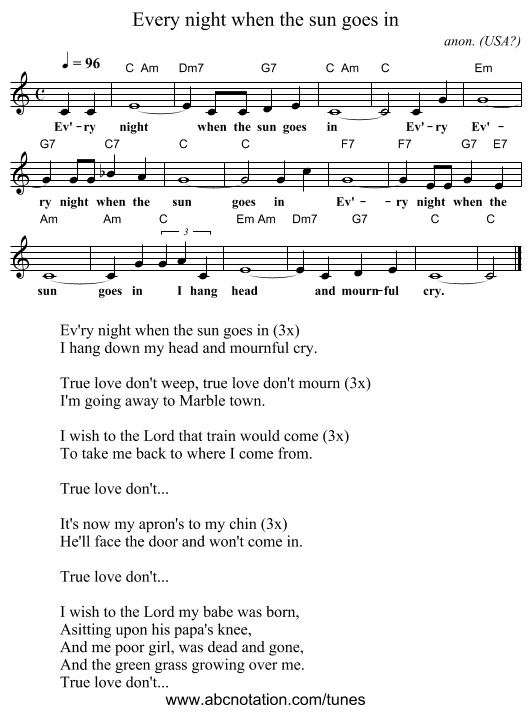 Every night when the sun goes in - staff notation