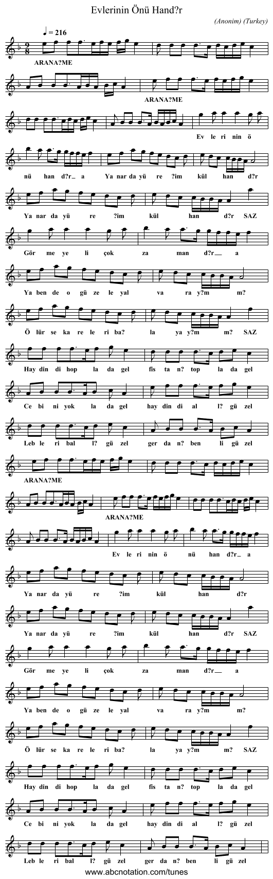 Evlerinin Önü Hand?r - staff notation