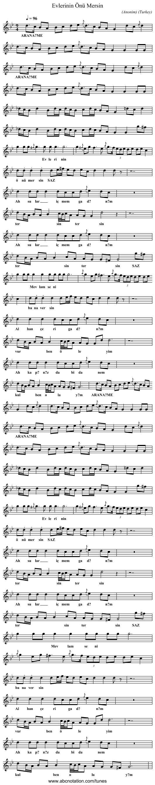 Evlerinin Önü Mersin - staff notation