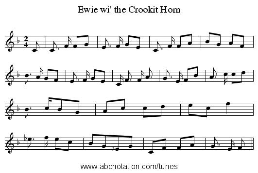 Ewie wi' the Crookit Horn - staff notation