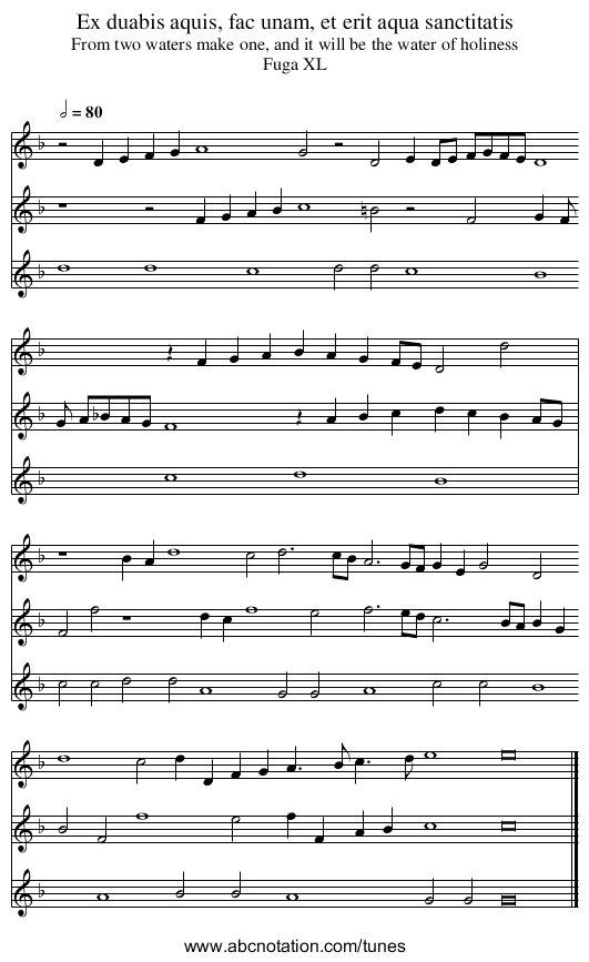 Ex duabis aquis, fac unam, et erit aqua sanctitatis - staff notation