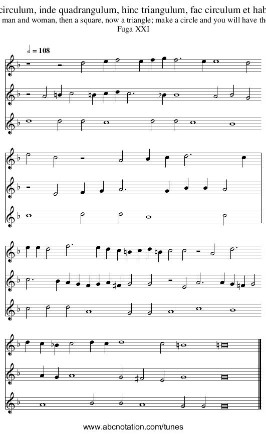 Fac ex mare et foemina circulum, inde quadrangulum, hinc triangulum, fac circulum et habebis lap. Philosophorum - staff notation