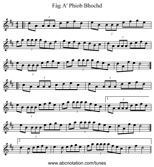 Fàg A' Phiob Bhochd - staff notation