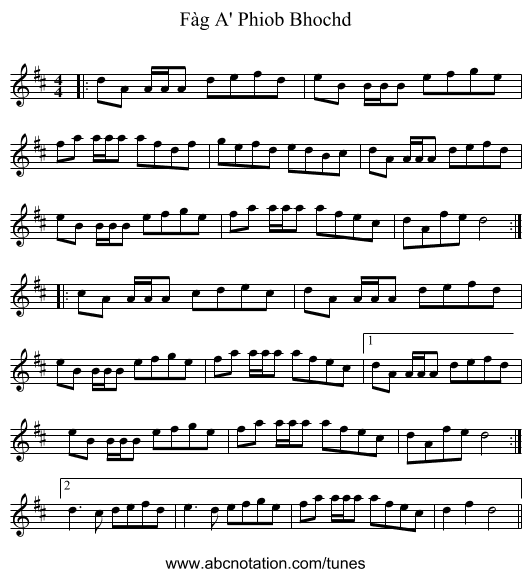 Fàg A' Phiob Bhochd - staff notation