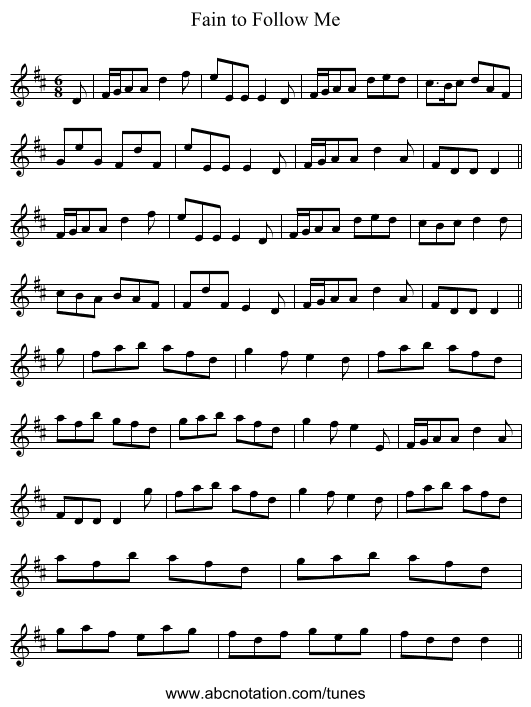 Fain to Follow Me - staff notation