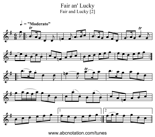 Fair an' Lucky - staff notation
