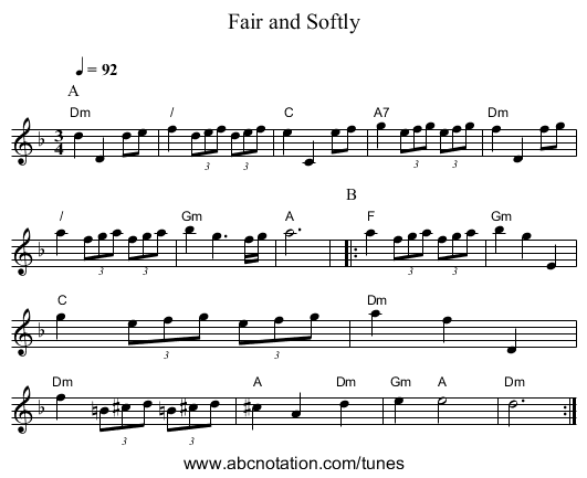 Fair and Softly - staff notation