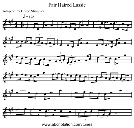 Fair Haired Lassie - staff notation