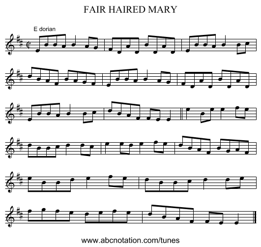 FAIR HAIRED MARY - staff notation