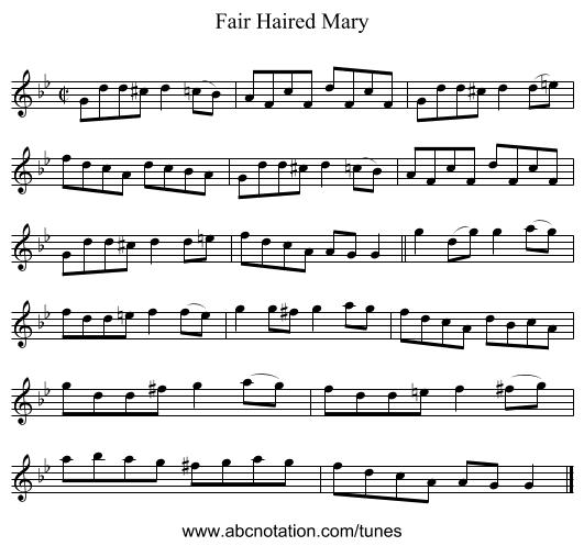 Fair Haired Mary - staff notation