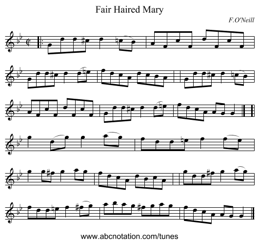 Fair Haired Mary - staff notation