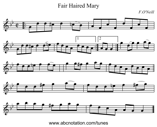 Fair Haired Mary - staff notation