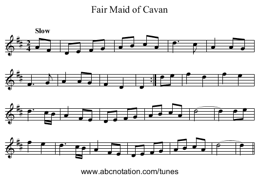 Fair Maid of Cavan - staff notation