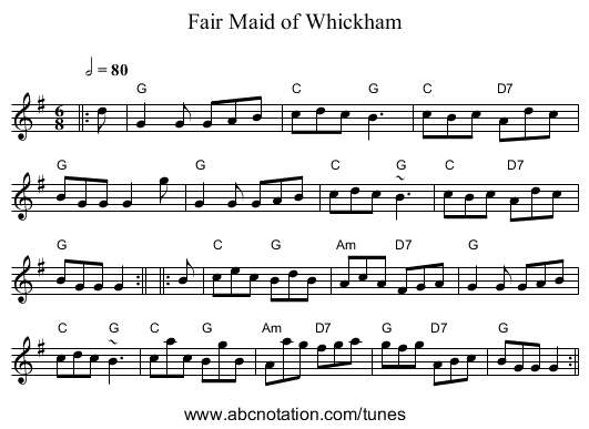 Fair Maid of Whickham - staff notation