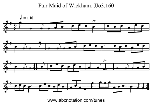Fair Maid of Wickham. JJo3.160 - staff notation