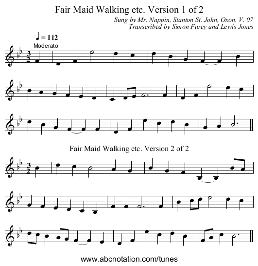 Fair Maid Walking etc. Version 1 of 2 - staff notation