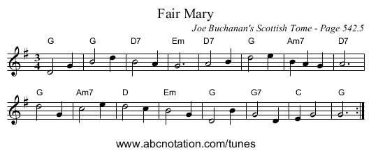 Fair Mary - staff notation