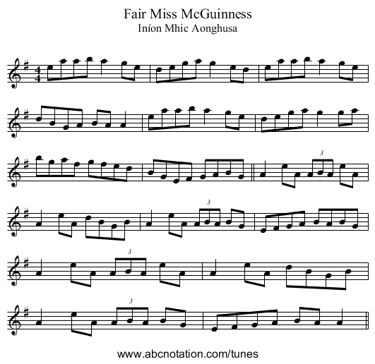Fair Miss McGuinness - staff notation
