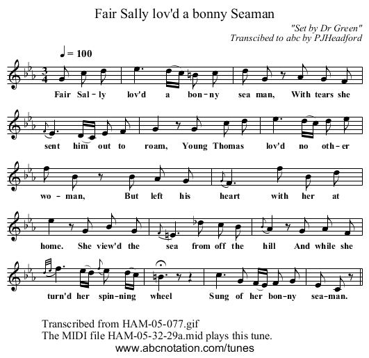 Fair Sally lov'd a bonny Seaman - staff notation