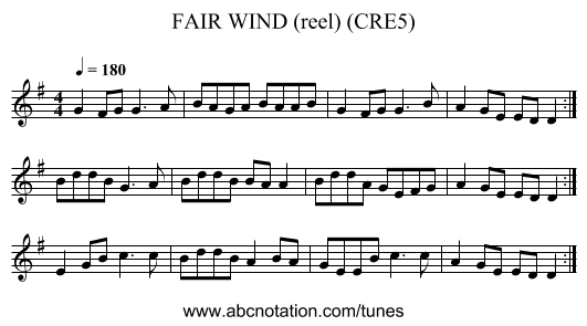 FAIR WIND (reel) (CRE5) - staff notation