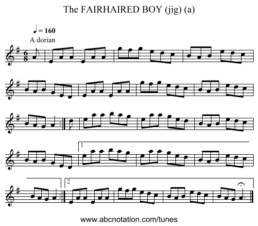 FAIRHAIRED BOY (jig) (a), The - staff notation