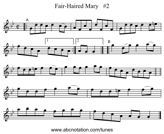 Fair-Haired Mary   #2 - staff notation