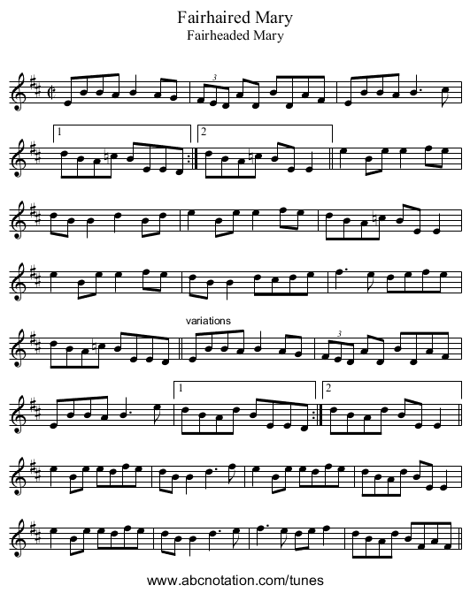 Fairhaired Mary - staff notation