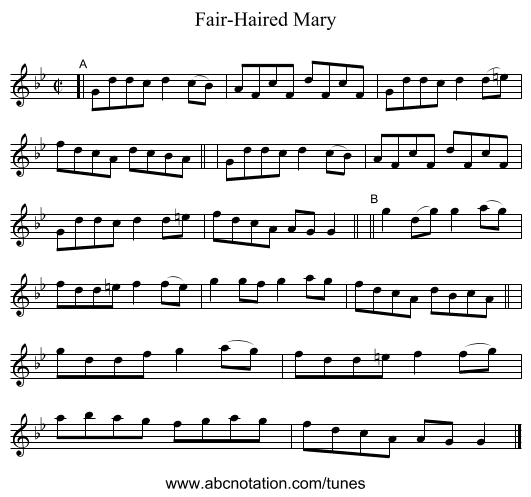 Fair-Haired Mary - staff notation