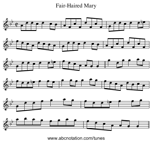 Fair-Haired Mary - staff notation