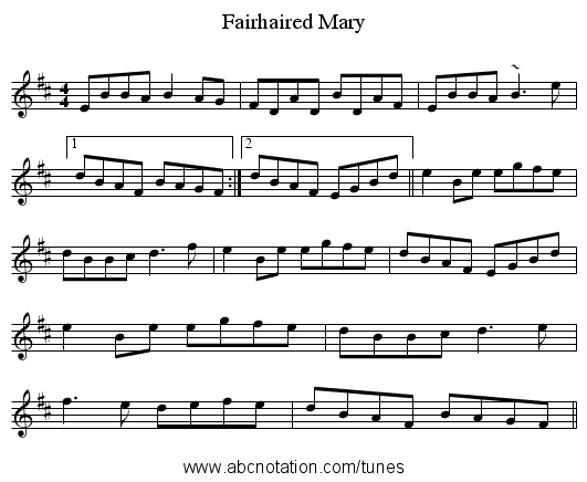 Fairhaired Mary - staff notation