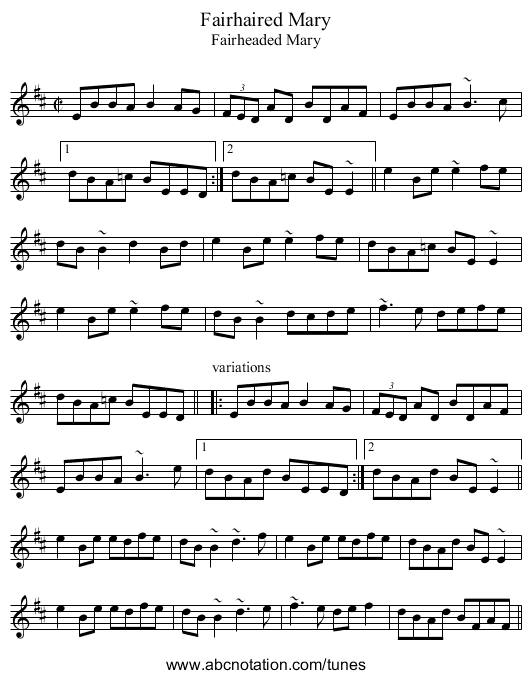 Fairhaired Mary - staff notation